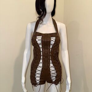 Matte Brand Brown Lace-Up Leather Playsuit